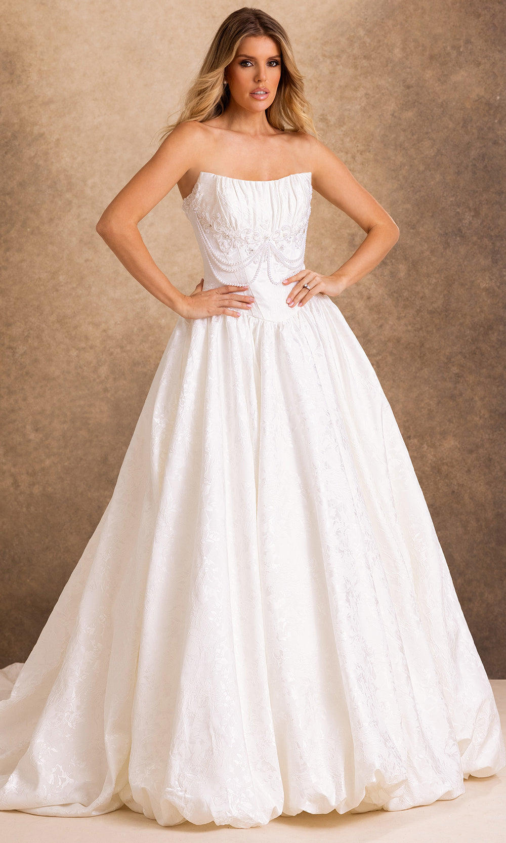 Rachel Allan Bridal RB4260 - Detachable Lace Jacket Brocade Ballgown Bridal Dresses in White    