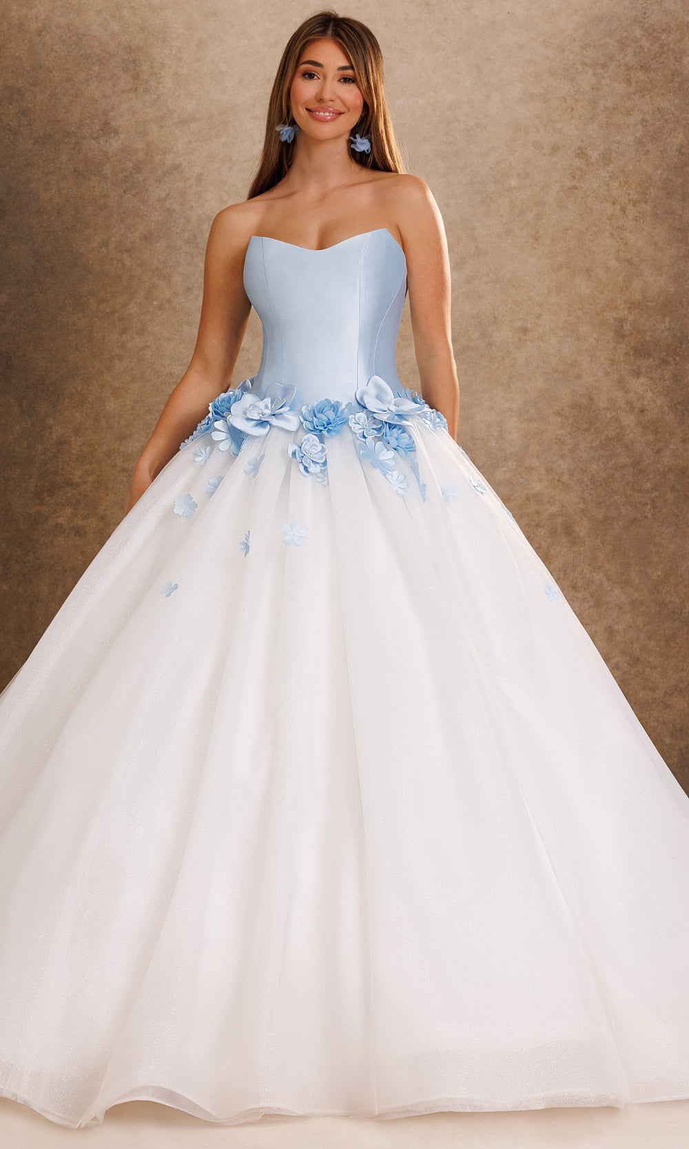 Rachel Allan Bridal RB6200 - Strapless Layered Ballgown with Floral Accent Bridal Dresses in White Blue   