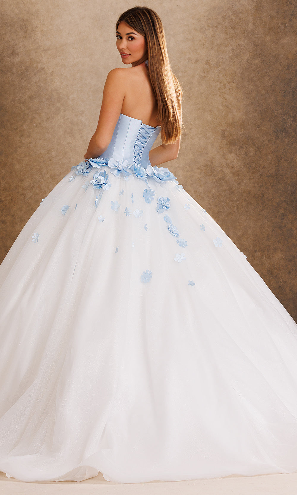 Rachel Allan Bridal RB6200 - Strapless Layered Ballgown with Floral Accent Bridal Dresses in White Blue   