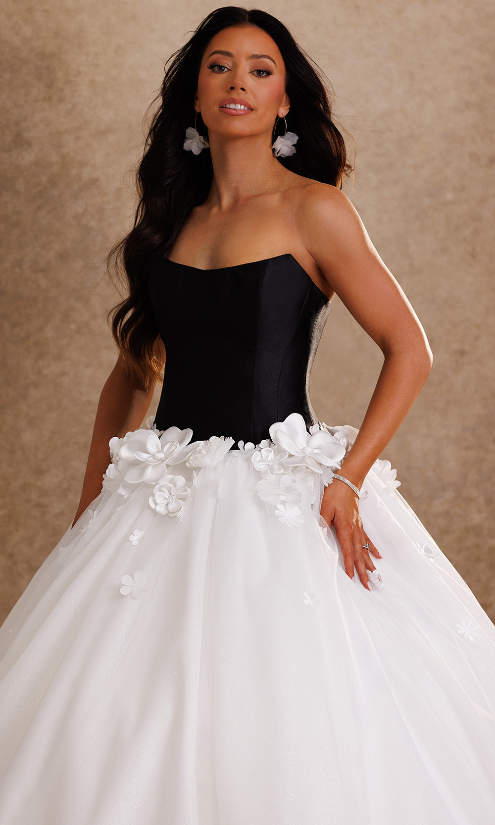 Rachel Allan Bridal RB6200 - Strapless Layered Ballgown with Floral Accent Bridal Dresses in White Black   