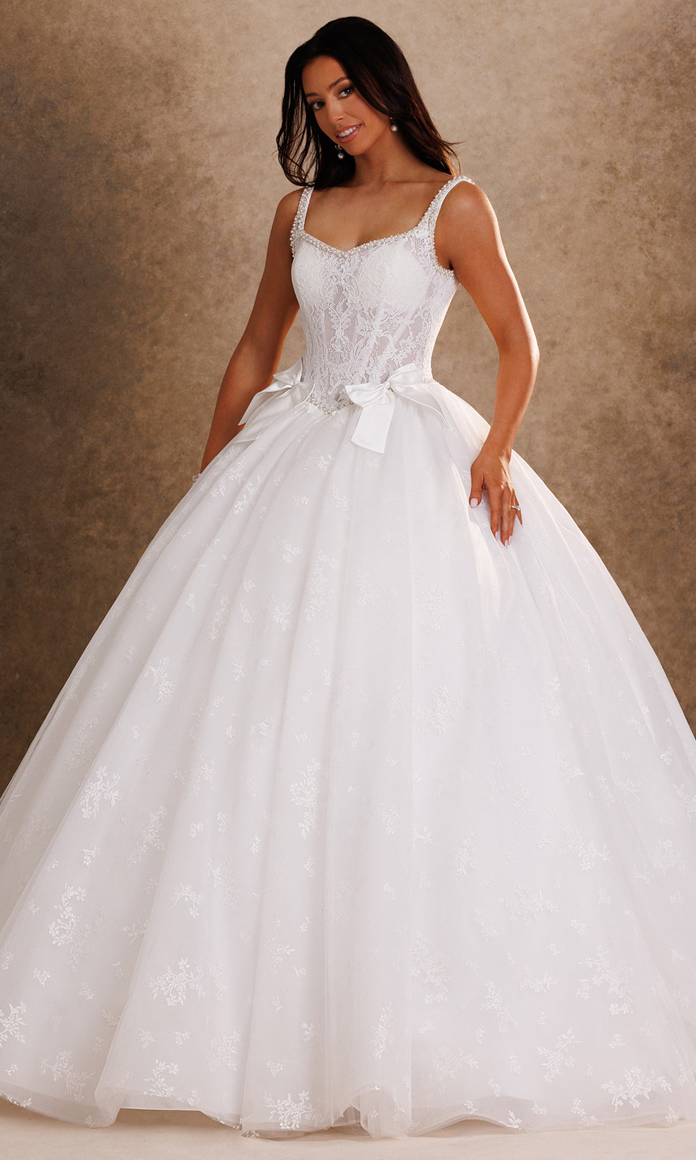 Rachel Allan Bridal RB6207 - Floral Lace Bow Waist Tulle Ballgown Bridal Dresses in White    