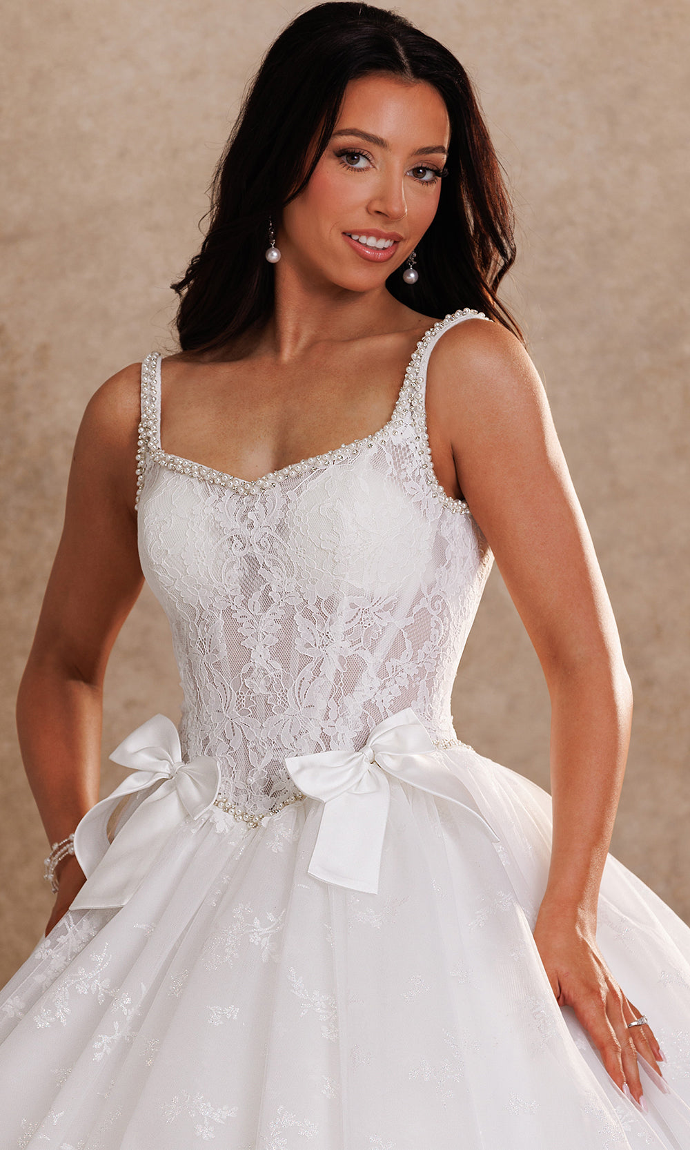 Rachel Allan Bridal RB6207 - Floral Lace Bow Waist Tulle Ballgown Bridal Dresses in White    