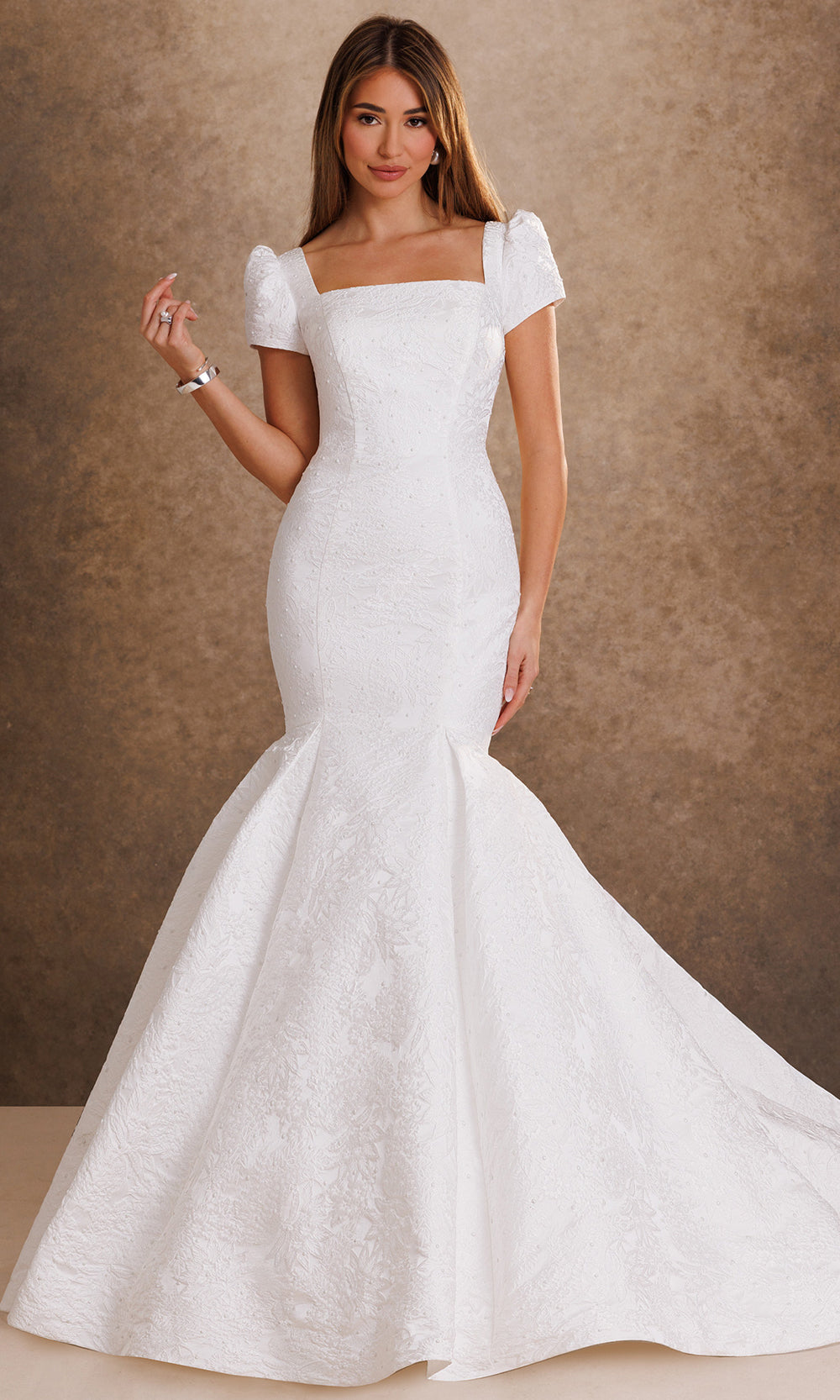 Rachel Allan Bridal RB7030 - Square Neck Beaded Accent Brocade Gown Wedding Dresses in Ivory    