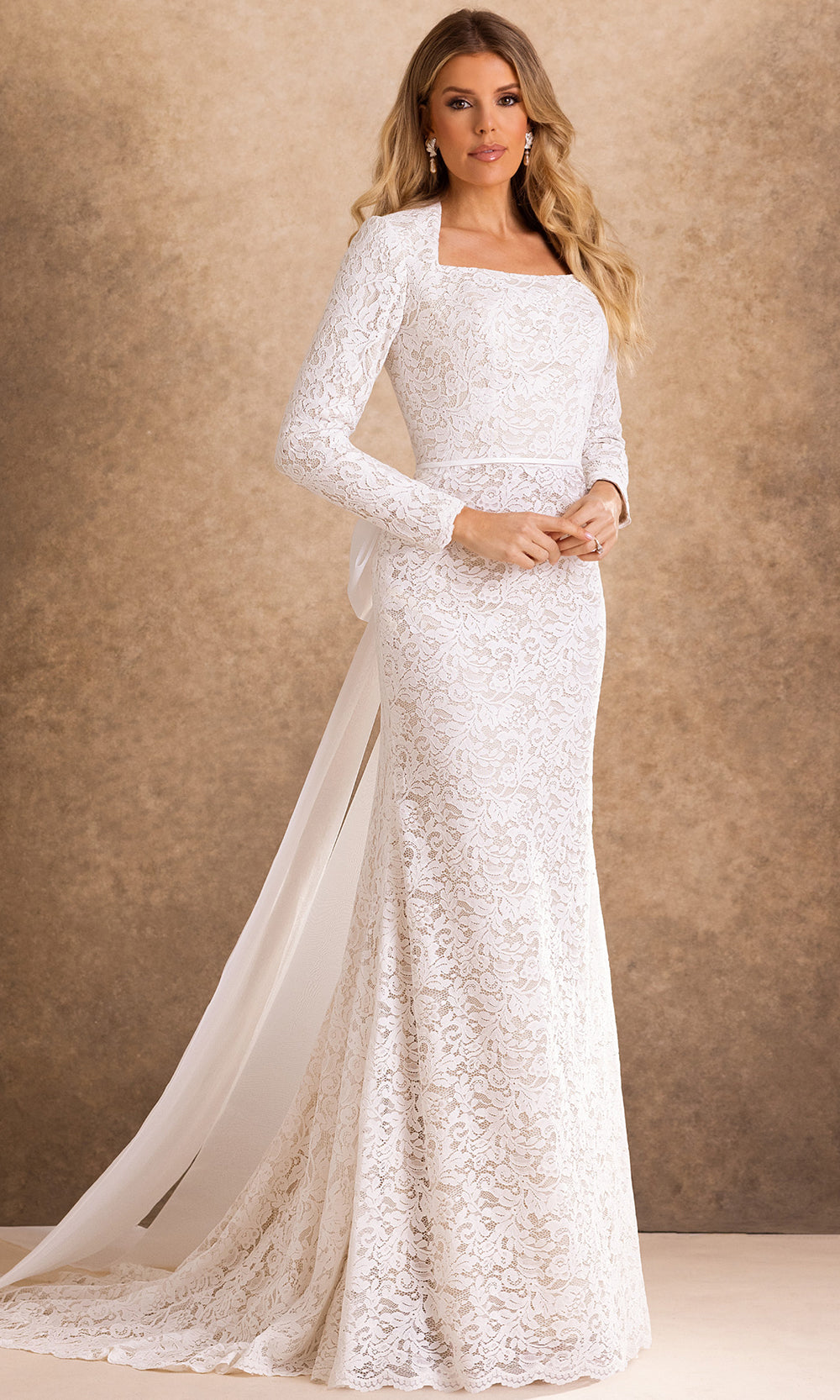 Rachel Allan Bridal RB7031 - Square Neck Allover Lace Fitted Gown Bridal Dresses in White    