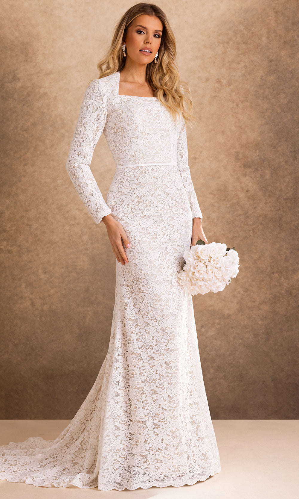 Rachel Allan Bridal RB7031 - Square Neck Allover Lace Fitted Gown Bridal Dresses in White    