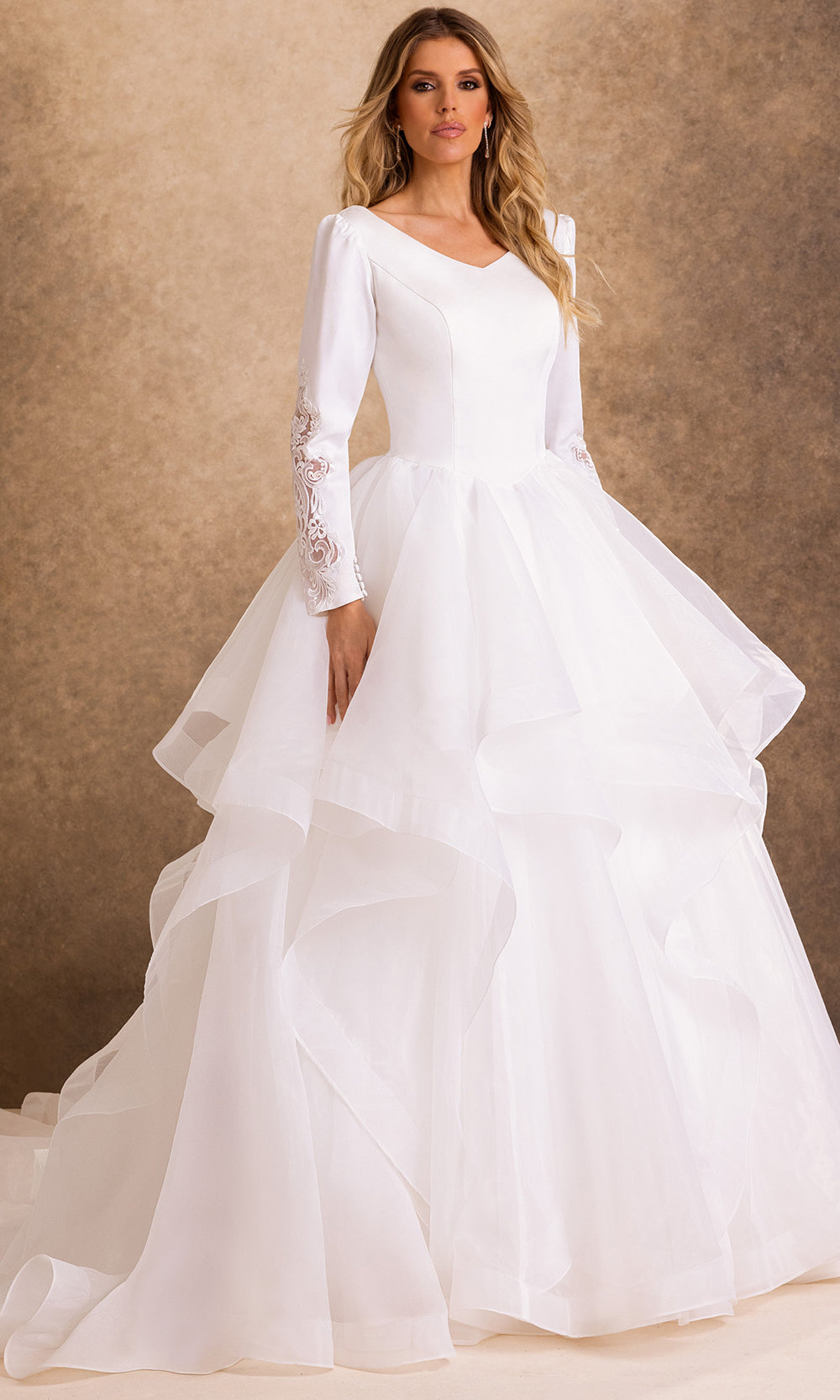 Rachel Allan Bridal RB7032 - Embellished Sleeve Buttoned Back Long Gown Wedding Dresses in Ivory    