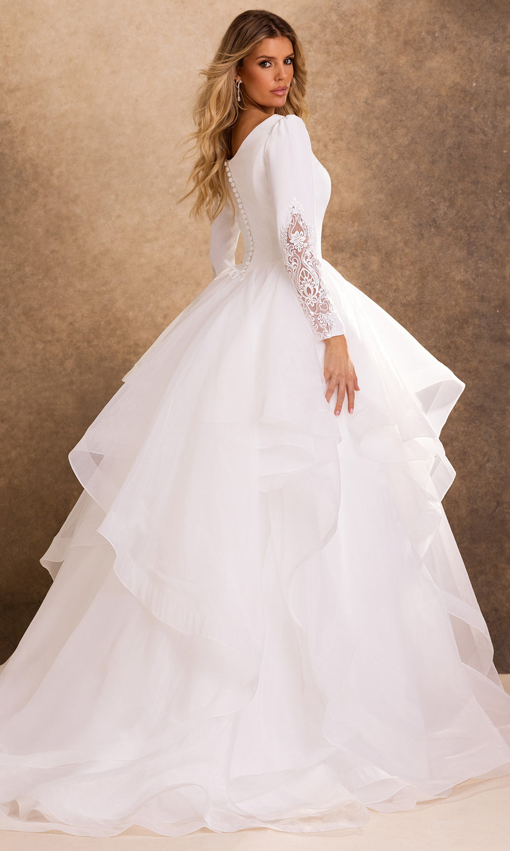 Rachel Allan Bridal RB7032 - Embellished Sleeve Buttoned Back Long Gown Wedding Dresses in Ivory    