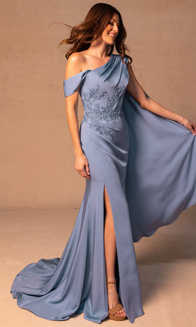 Rachel Allan RB8193 - Cap Sleeve Floral Applique Gown with Slit Mother of the Bride Dresses
