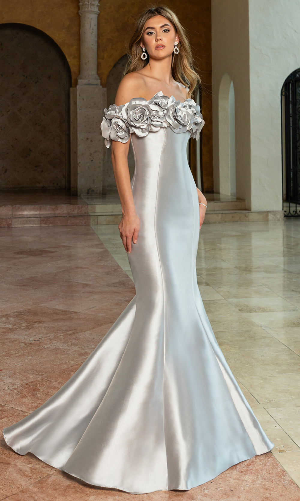 Rachel Allan RB8221 - Mermaid Evening Dress with Floral Trim Prom Dresses in Platinum
