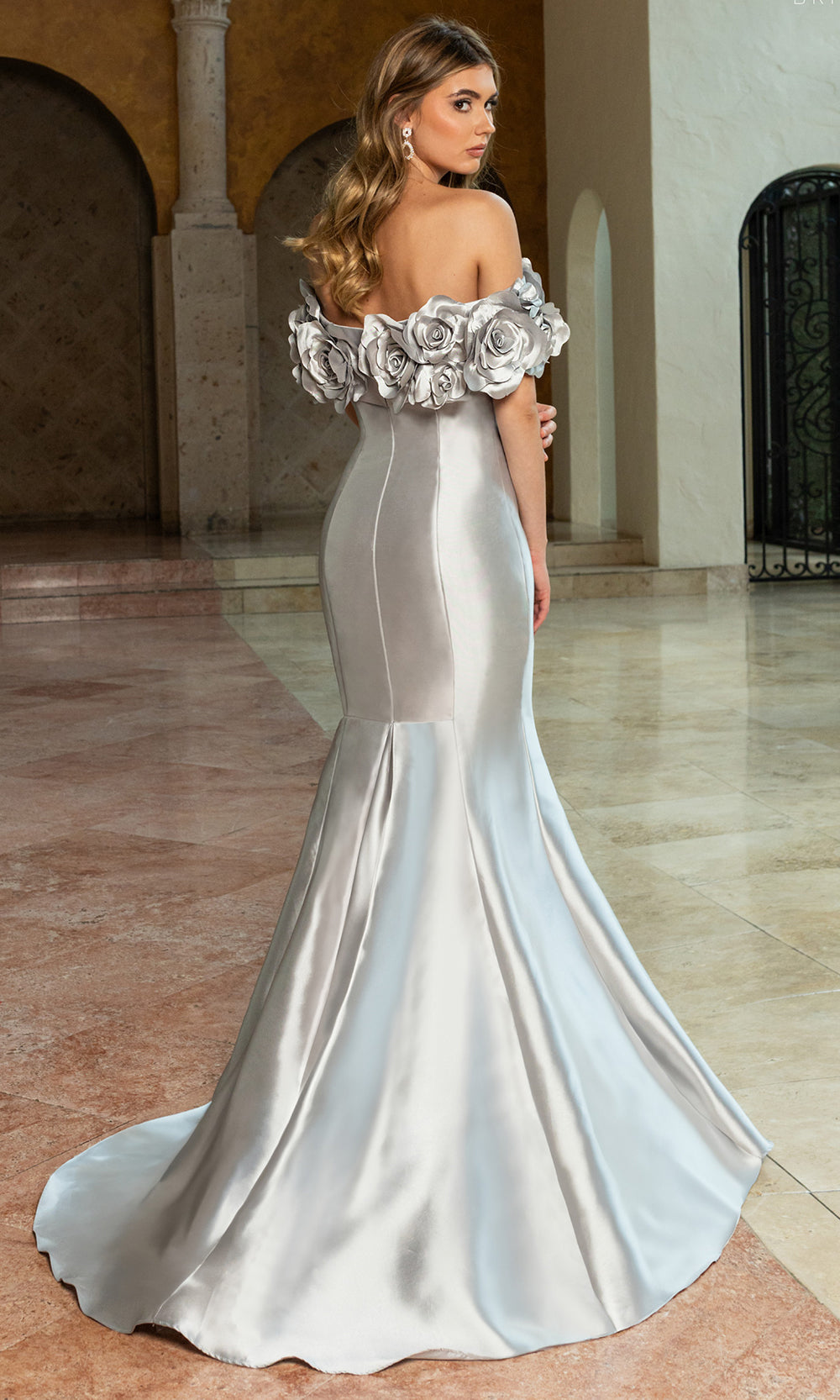 Rachel Allan RB8221 - Mermaid Evening Dress with Floral Trim Prom Dresses in Platinum