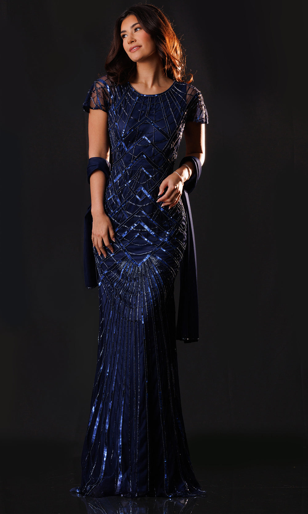 Rachel Allan Bridal RB8226 - Jewel Neck Illusion Sleeve Sparkle Gown Mother of the Bride Dresses in Blue    