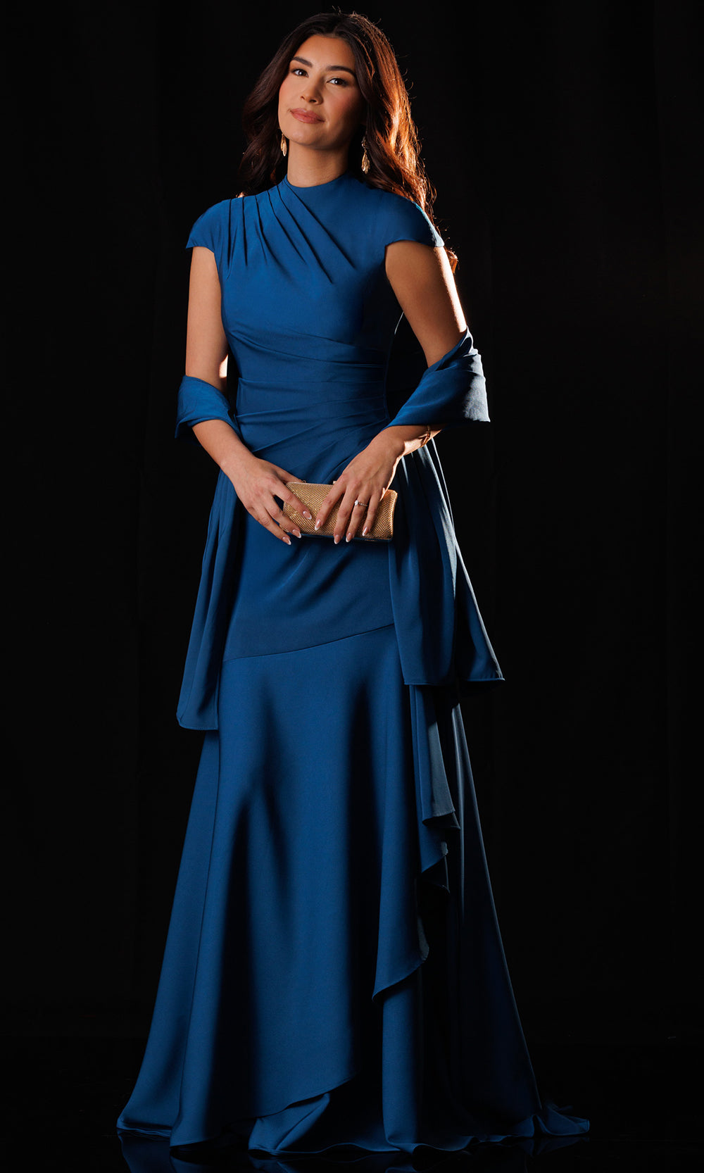 Rachel Allan Bridal RB8228 - Cap Sleeve Side Ruffle Crepe Gown Mother of the Bride Dresses in Blue    