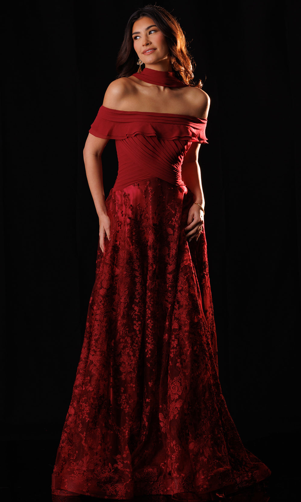 Rachel Allan Bridal RB8230 - Pleated Straight Neck Embroidered Tulle Gown Mother of the Bride Dresses in Red    