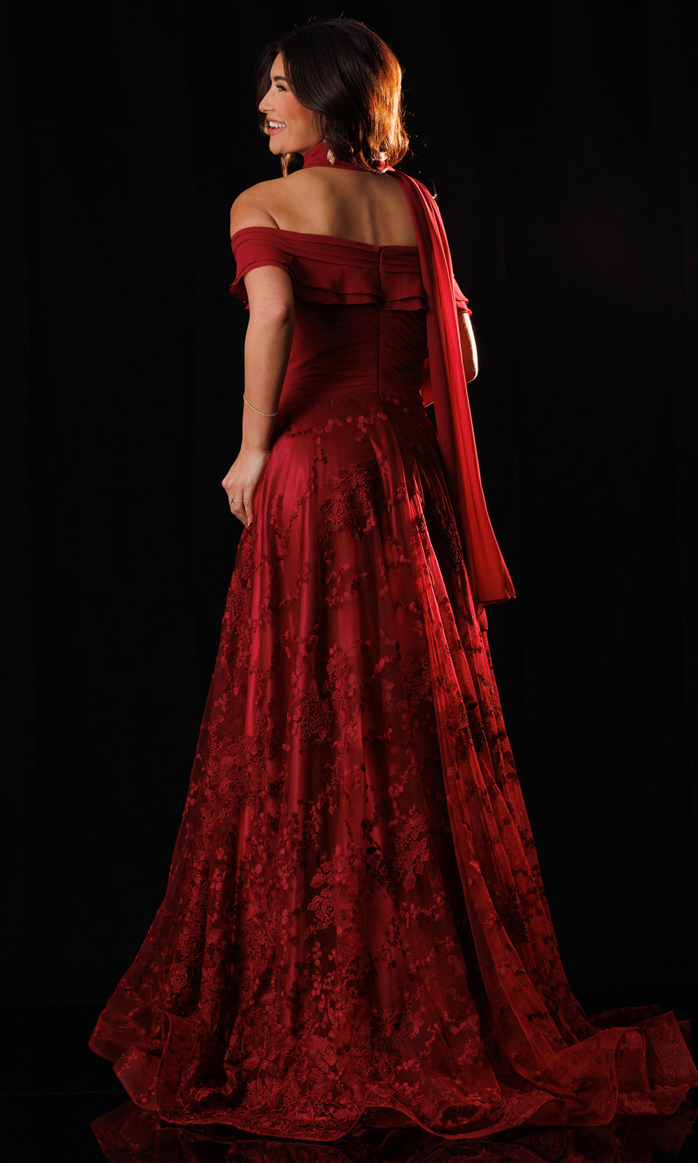 Rachel Allan Bridal RB8230 - Pleated Straight Neck Embroidered Tulle Gown Mother of the Bride Dresses in Red    