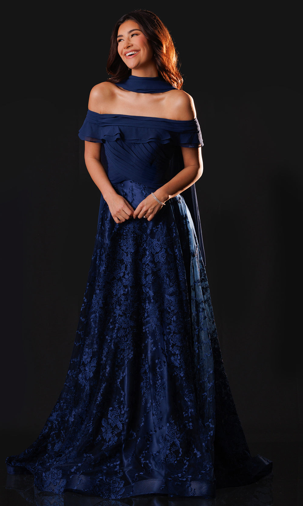 Rachel Allan Bridal RB8230 - Pleated Straight Neck Embroidered Tulle Gown Mother of the Bride Dresses in Blue    