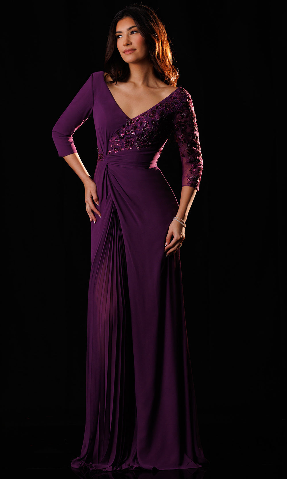 Rachel Allan Bridal RB8232 - Beaded Lace Three-Quarter Sleeve Gown Mother of the Bride Dresses in Purple    