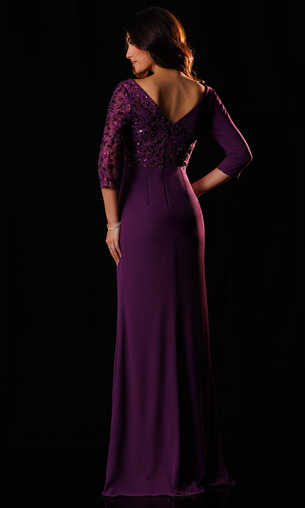 Rachel Allan Bridal RB8232 - Beaded Lace Three-Quarter Sleeve Gown Mother of the Bride Dresses in Purple    