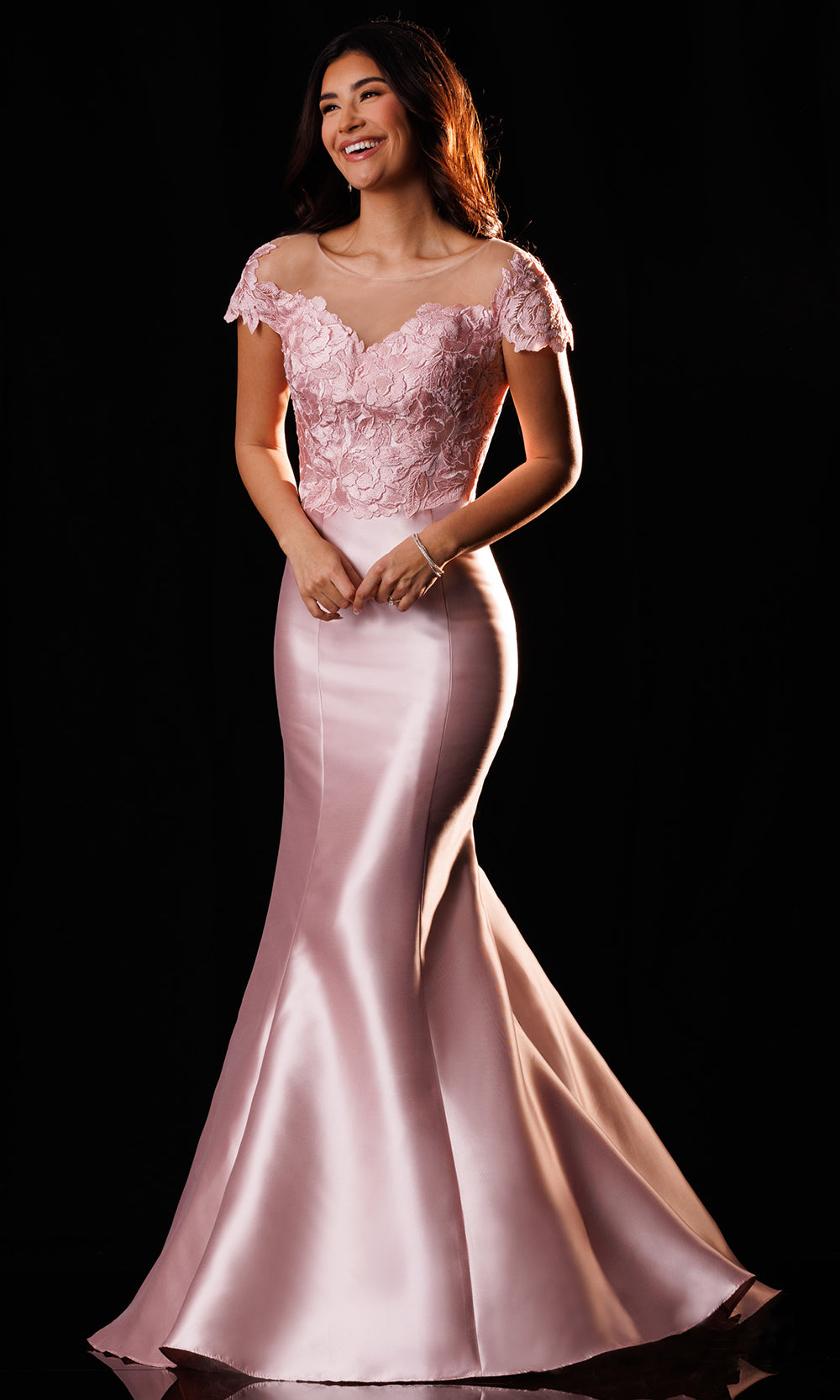Rachel Allan Bridal RB8233 - Illusion Neckline Mermaid Mikado Gown Mother of the Bride Dresses in In Pink Gold  