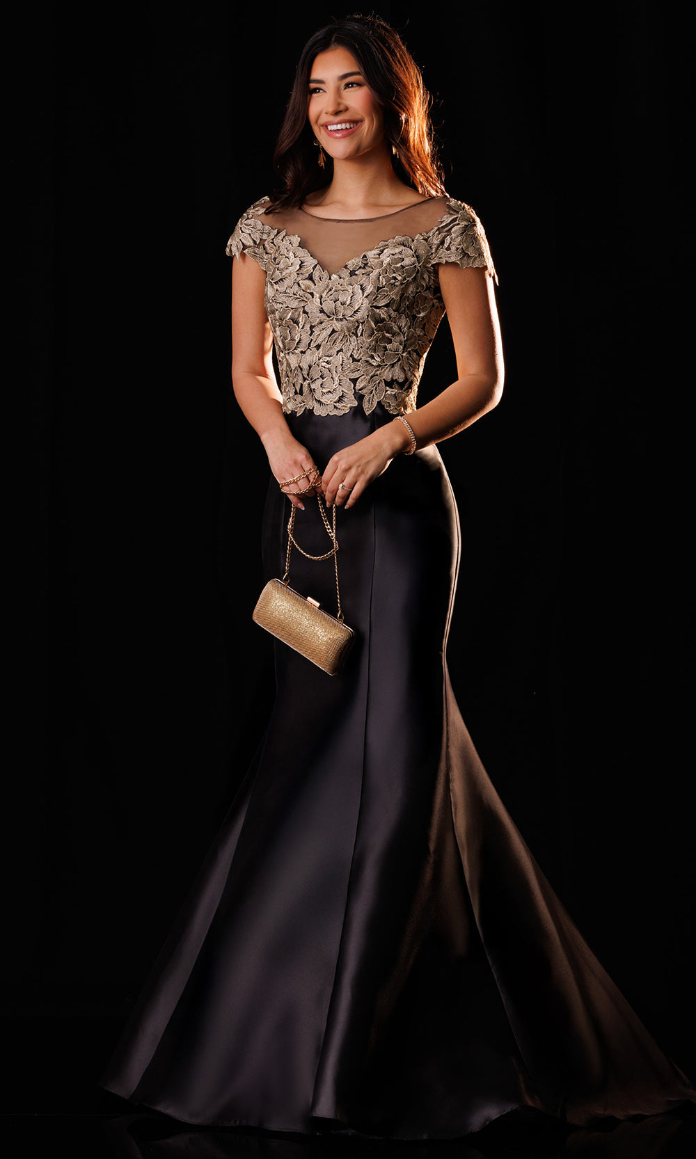 Rachel Allan Bridal RB8233 - Illusion Neckline Mermaid Mikado Gown Mother of the Bride Dresses in In Black Gold  