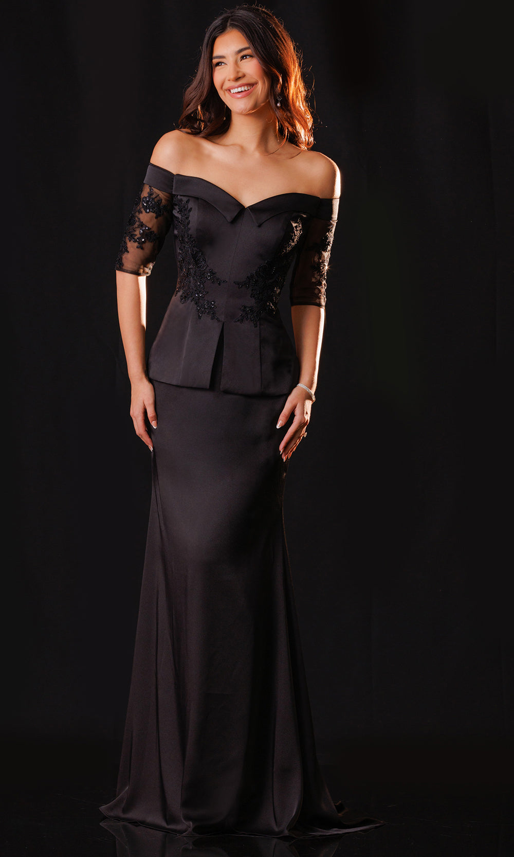 Rachel Allan Bridal RB8240 - Sparkling Applique Off Shoulder Crepe Gown Mother of the Bride Dresses in Black    