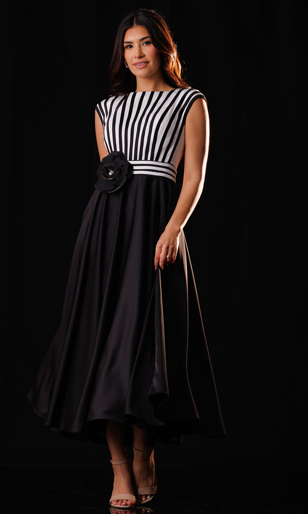 Rachel Allan Bridal RB8241 - Bateau Tea Length Crepe Dress Wedding Guest in In Black Multi  