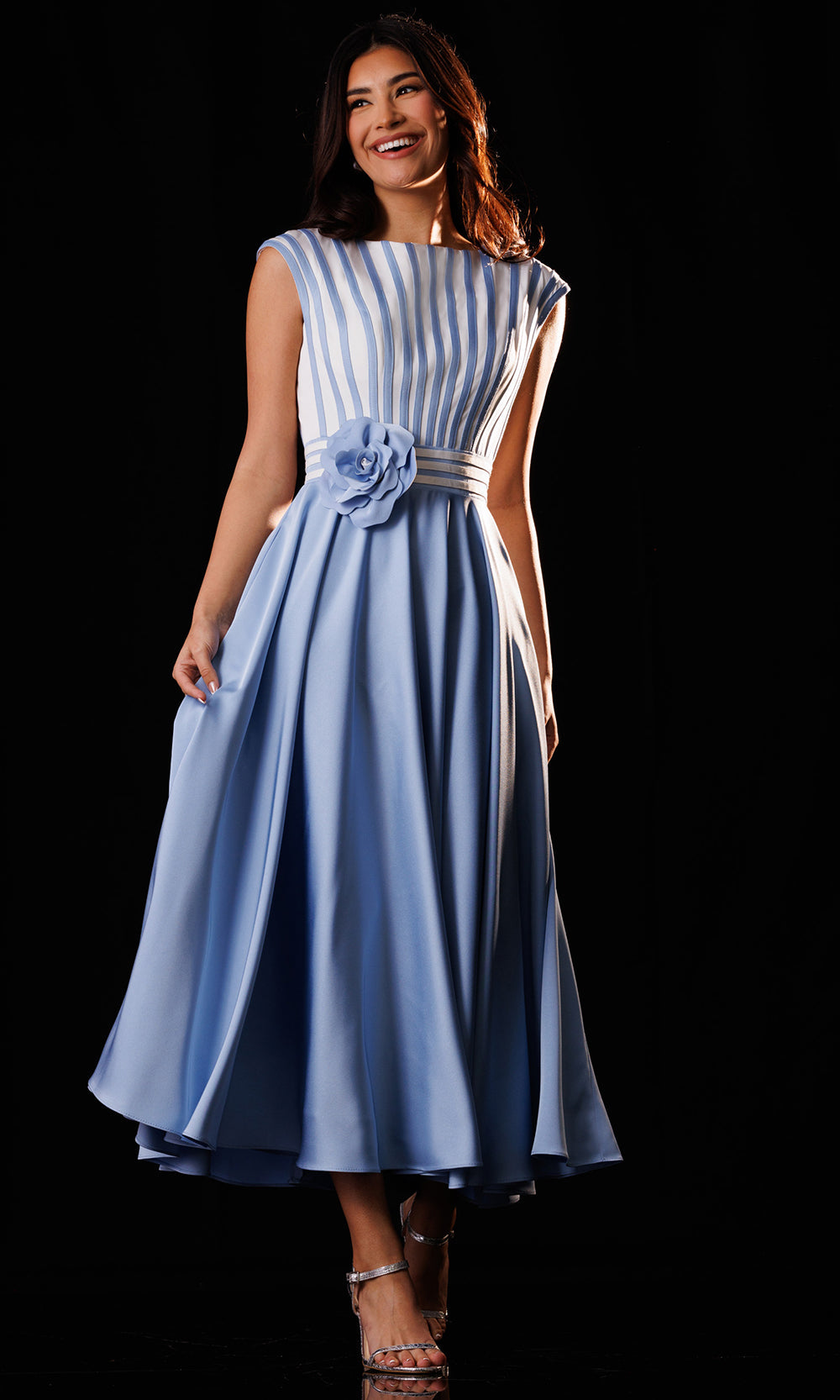 Rachel Allan Bridal RB8241 - Bateau Tea Length Crepe Dress Wedding Guest in In Blue Multi  