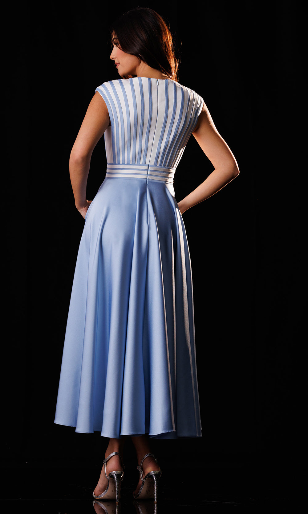 Rachel Allan Bridal RB8241 - Bateau Tea Length Crepe Dress Wedding Guest in In Blue Multi  