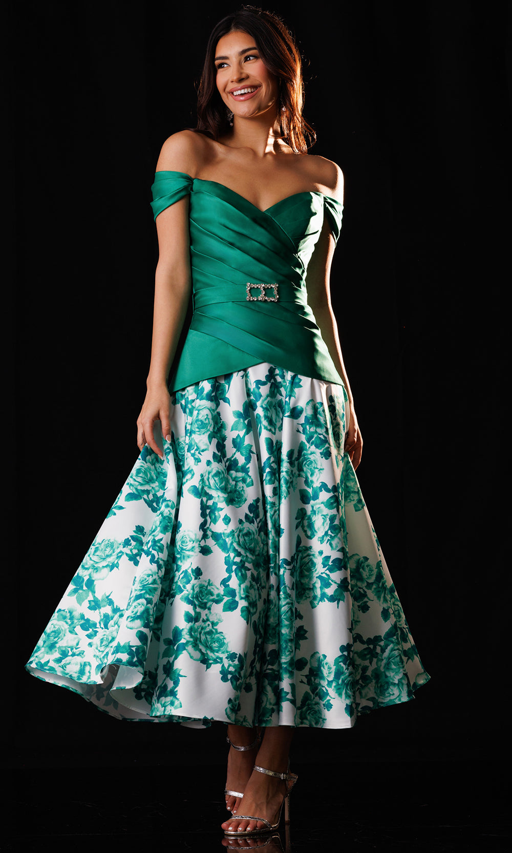 Rachel Allan Bridal RB8244 - Off Shoulder Floral Tea-Length Dress Wedding Guest in Green    