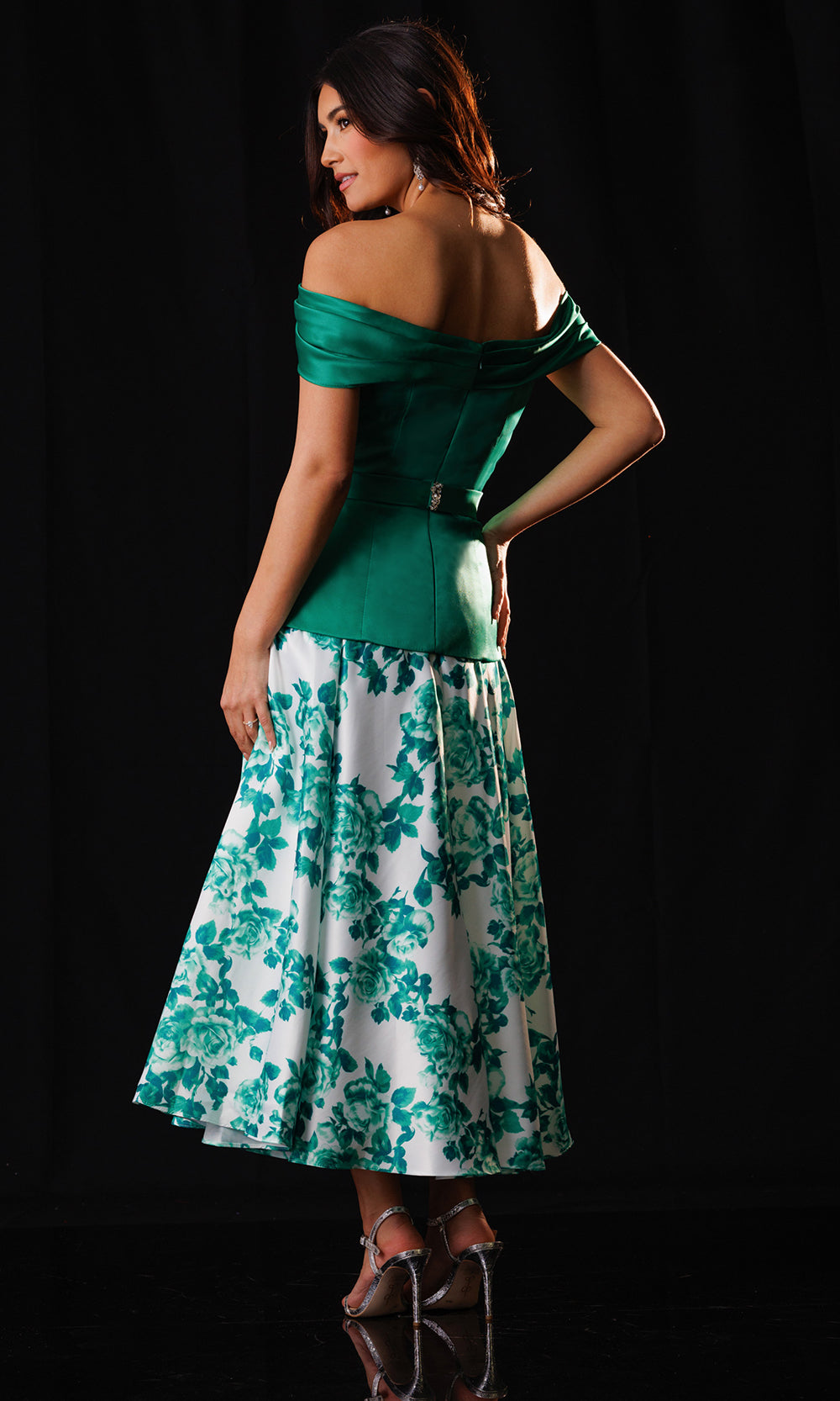 Rachel Allan Bridal RB8244 - Off Shoulder Floral Tea-Length Dress Wedding Guest in Green    