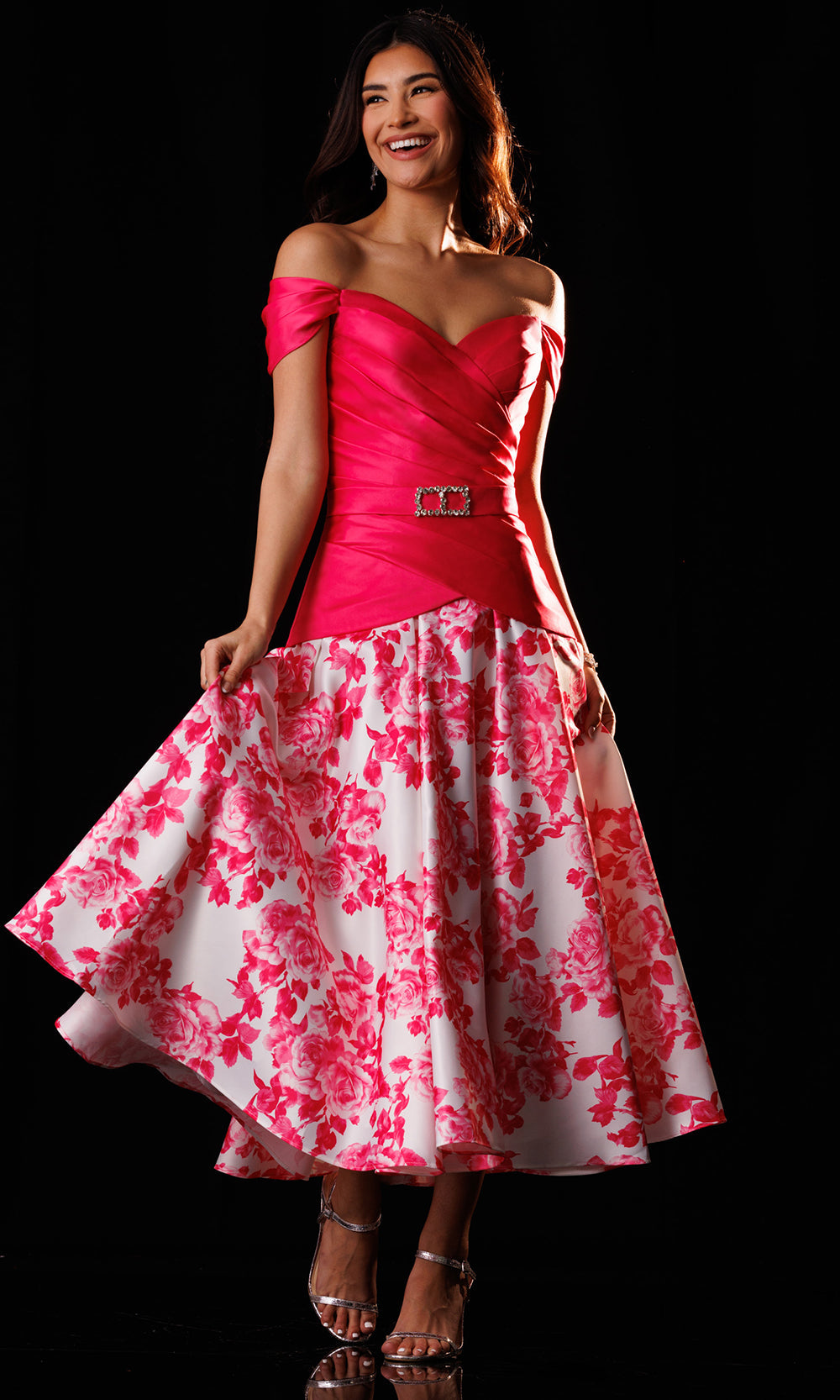 Rachel Allan Bridal RB8244 - Off Shoulder Floral Tea-Length Dress Wedding Guest in Pink    