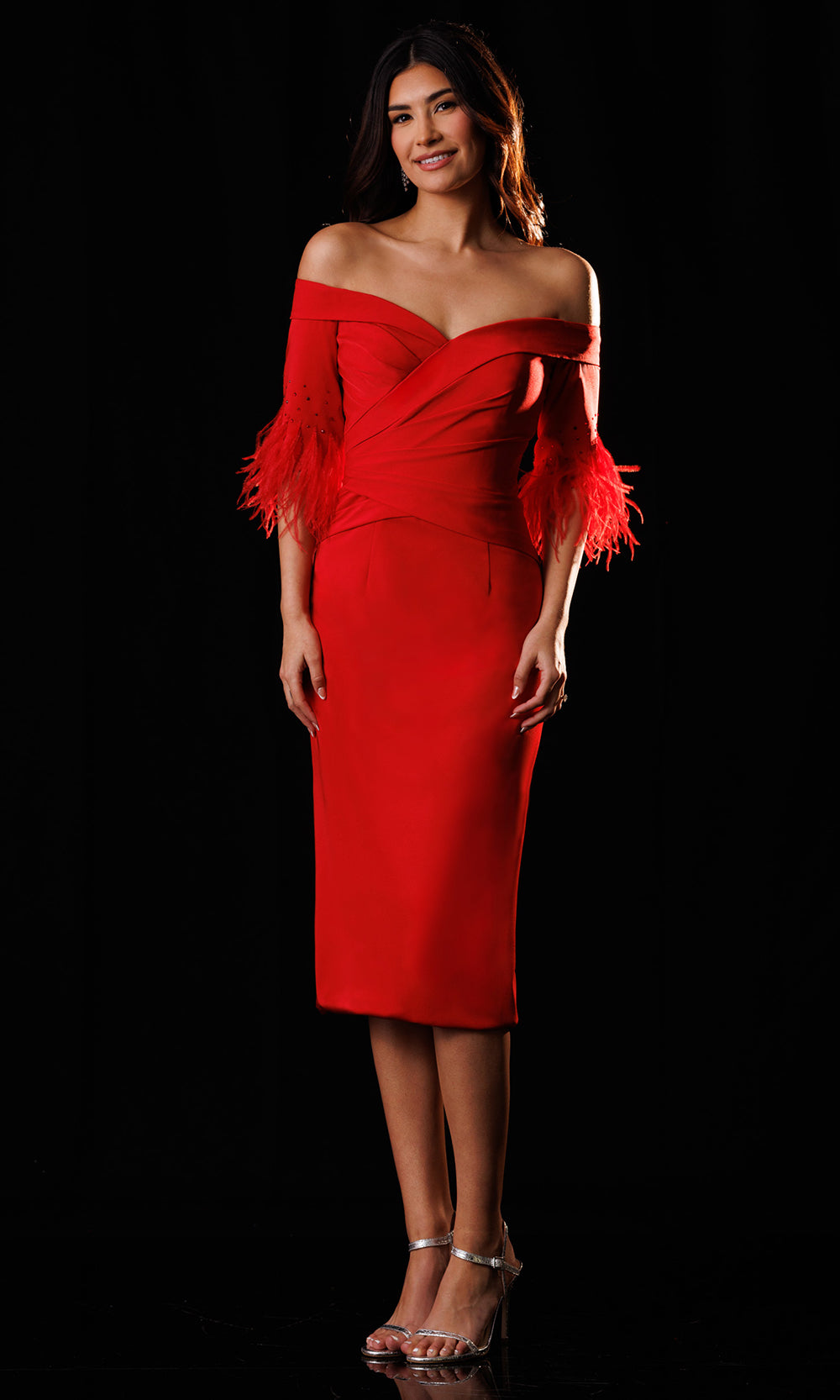 Rachel Allan Bridal RB8248 - Off Shoulder Sheath Midi Dress with Feathers Wedding Guest in Red    