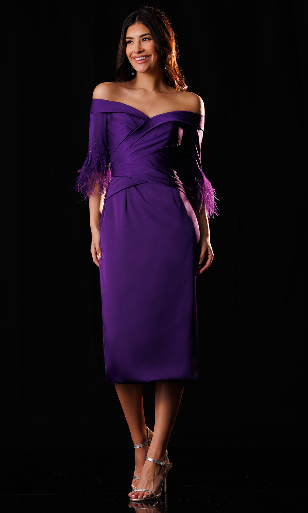 Rachel Allan Bridal RB8248 - Off Shoulder Sheath Midi Dress with Feathers Wedding Guest in Purple    