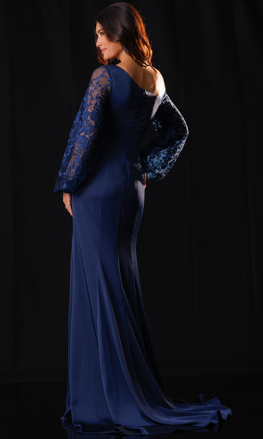 Rachel Allan Bridal RB8249 - Long Statement Sleeve Asymmetrical Gown Mother of the Bride Dresses in Blue    