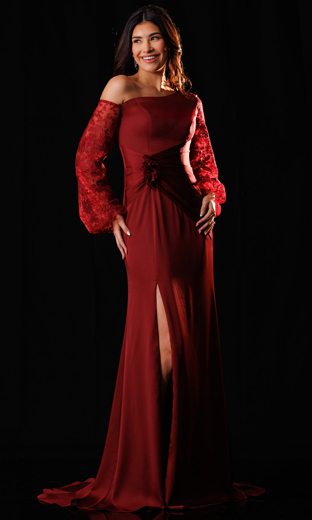 Rachel Allan Bridal RB8249 - Long Statement Sleeve Asymmetrical Gown Mother of the Bride Dresses in Red    