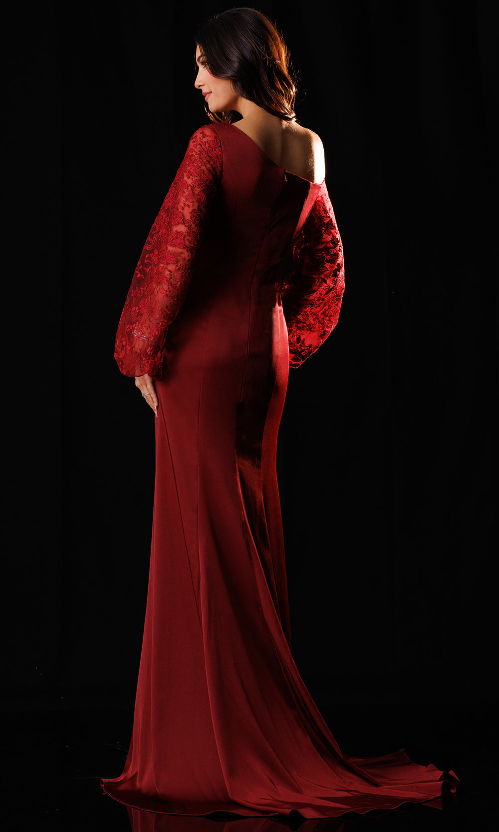 Rachel Allan Bridal RB8249 - Long Statement Sleeve Asymmetrical Gown Mother of the Bride Dresses in Red    