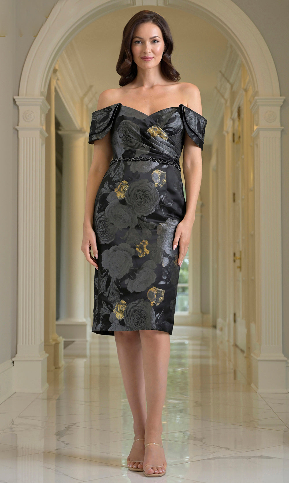 Rina di Montella RD203-1 - Floral Print Off Shoulder Dress with Slit Wedding Guest