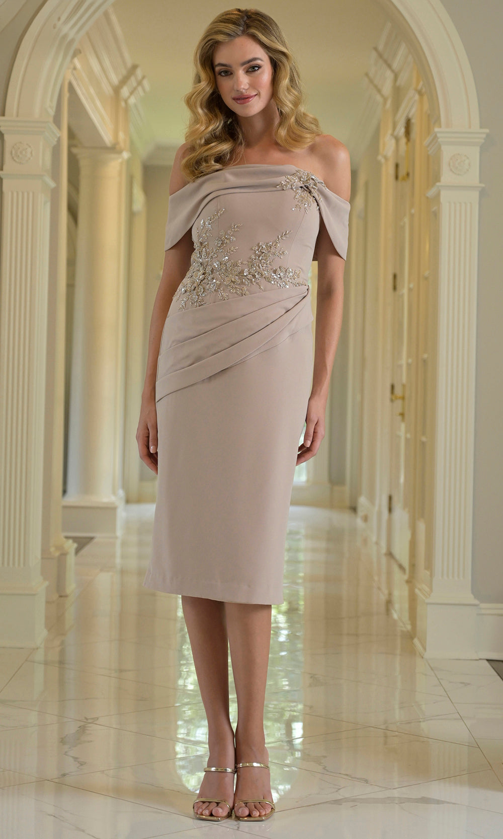 Rina di Montella RD242-1 - Beaded Applique Sheath Midi Dress Holiday Dresses