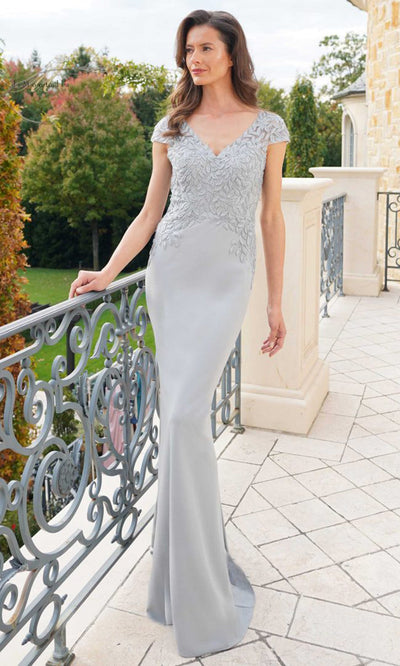 Rina di Montella RD2718-1 - V-Neck Faille Dress with Lace Detail Mother of the Bride Dresses