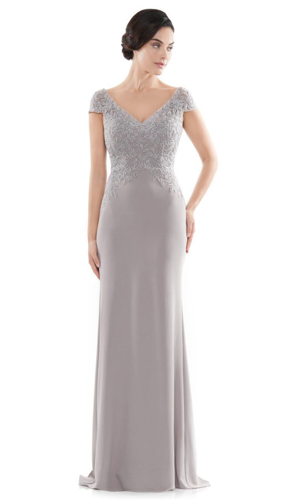 Rina di Montella RD2718-1 - V-Neck Faille Dress with Lace Detail Mother of the Bride Dresses