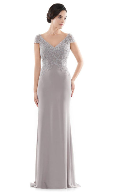 Rina di Montella RD2718-1 - V-Neck Faille Dress with Lace Detail Mother of the Bride Dresses