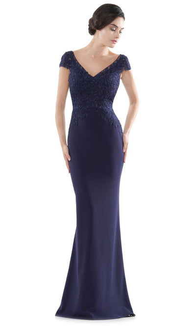 Rina di Montella RD2718-1 - V-Neck Faille Dress with Lace Detail Mother of the Bride Dresses
