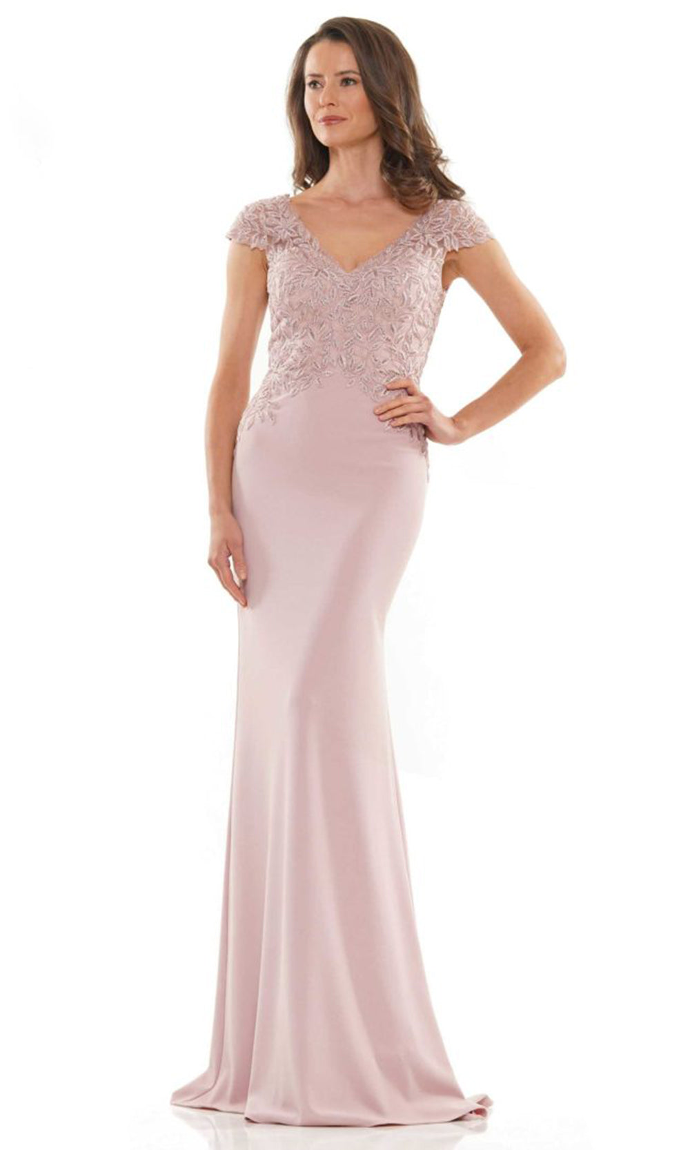 Rina di Montella RD2718-1 - V-Neck Faille Dress with Lace Detail Mother of the Bride Dresses