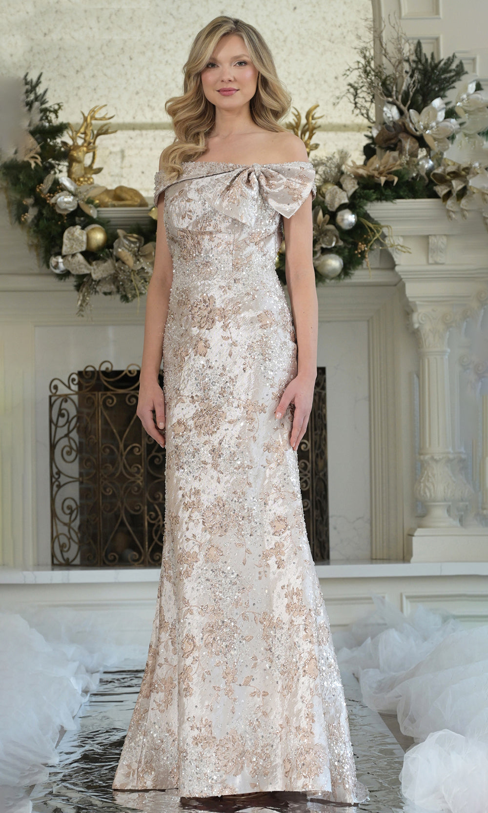 Rina di Montella RD3106-1 - Bow Neckline Sheath Jacquard Gown Mother of the Bride Dresses