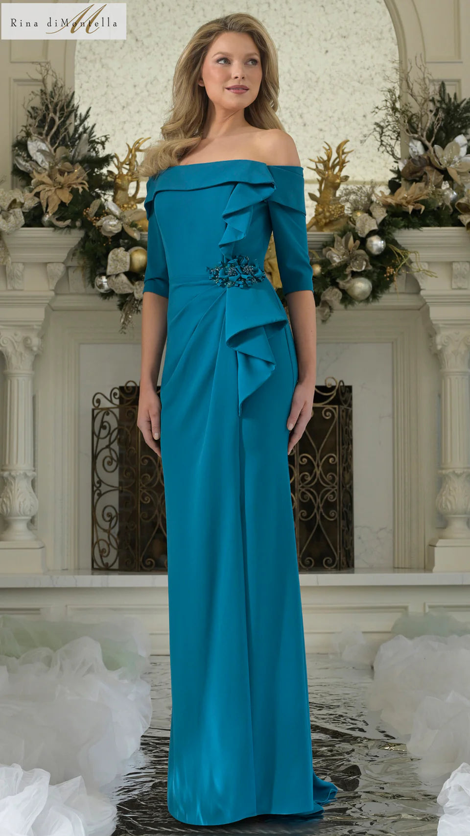 Rina di Montella RD3202-1 - Three-Quarter Sleeve Sleek Crepe Dress