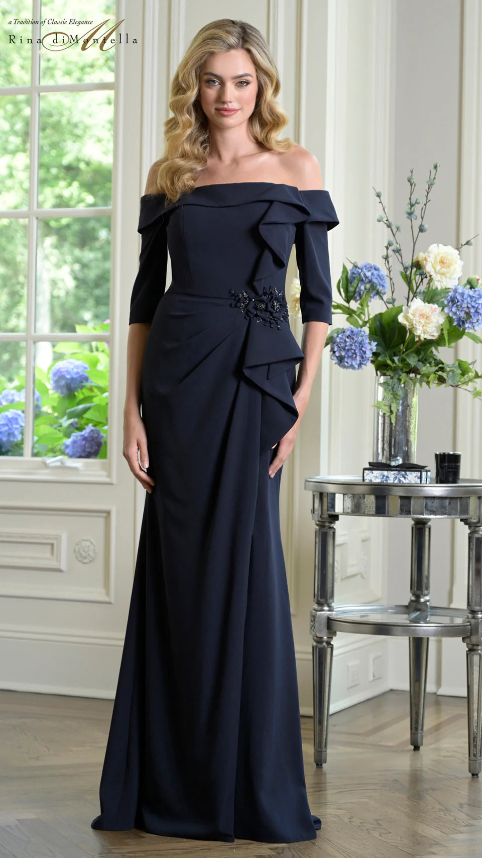 Rina Di Montella RD3202 - Straight Neckline Floral Waist Gown