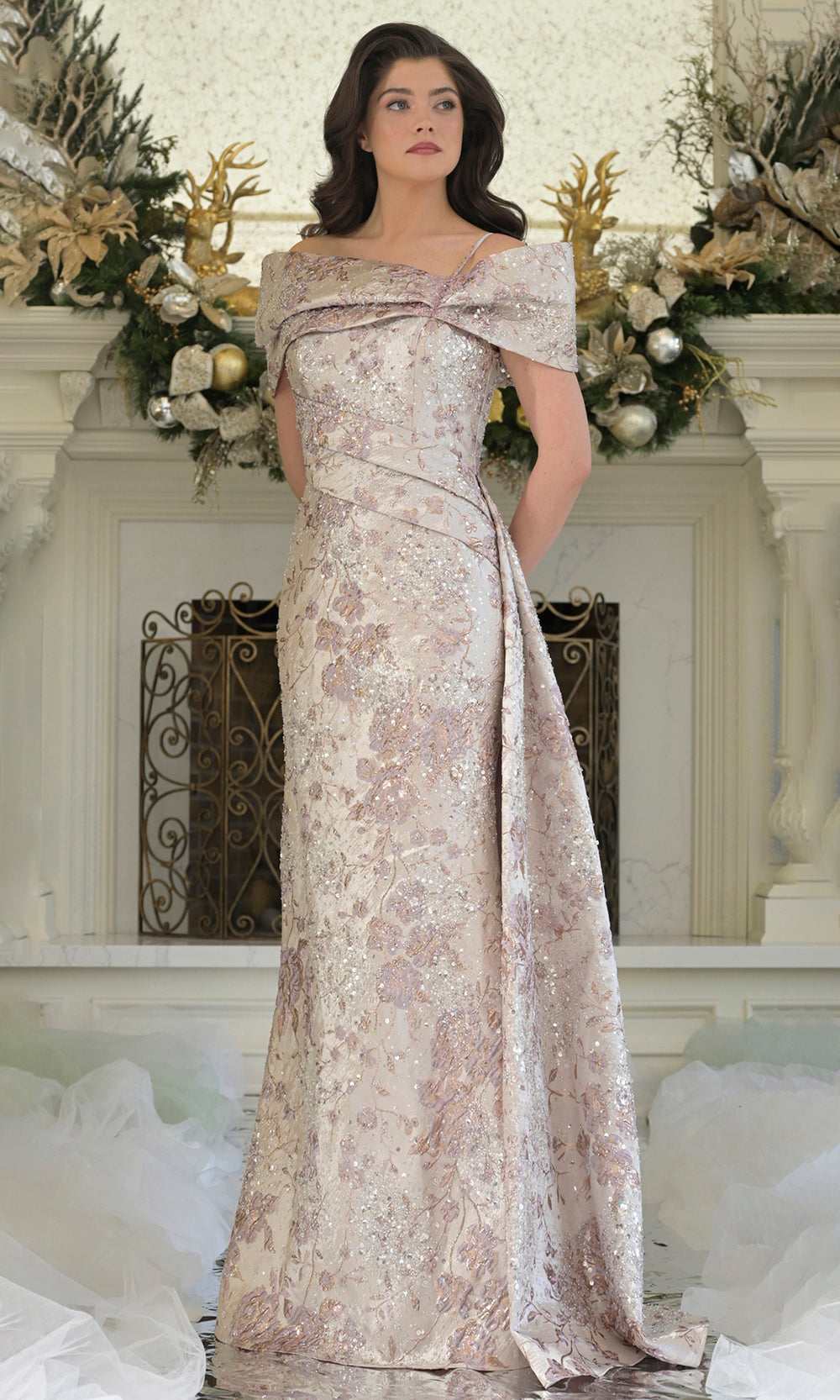 Rina di Montella RD3306-1 - Textured Floral Sheath Evening Gown Mother of the Bride Dresses
