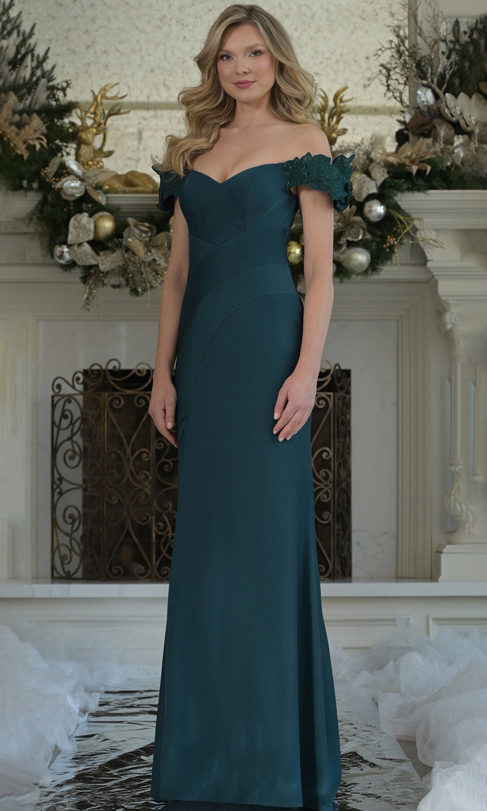 Rina di Montella RD3325-1 - Leaf Applique Off Shoulder Dress Mother of the Bride Dresses