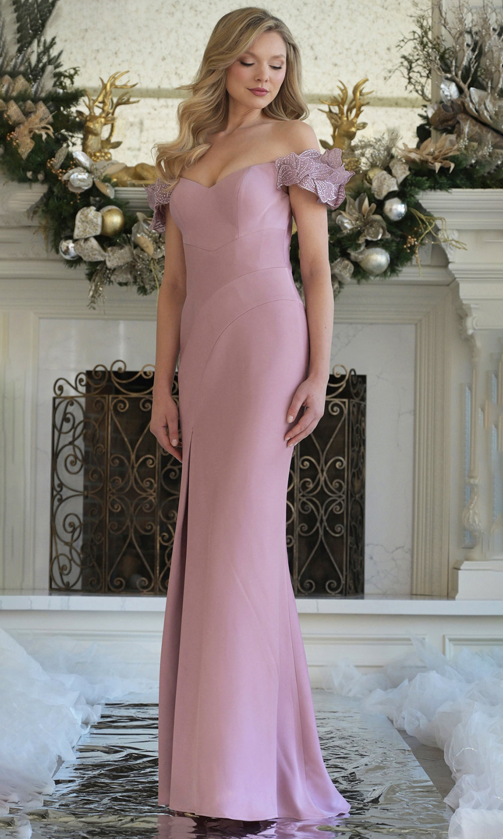 Rina di Montella RD3325-1 - Leaf Applique Off Shoulder Dress Mother of the Bride Dresses
