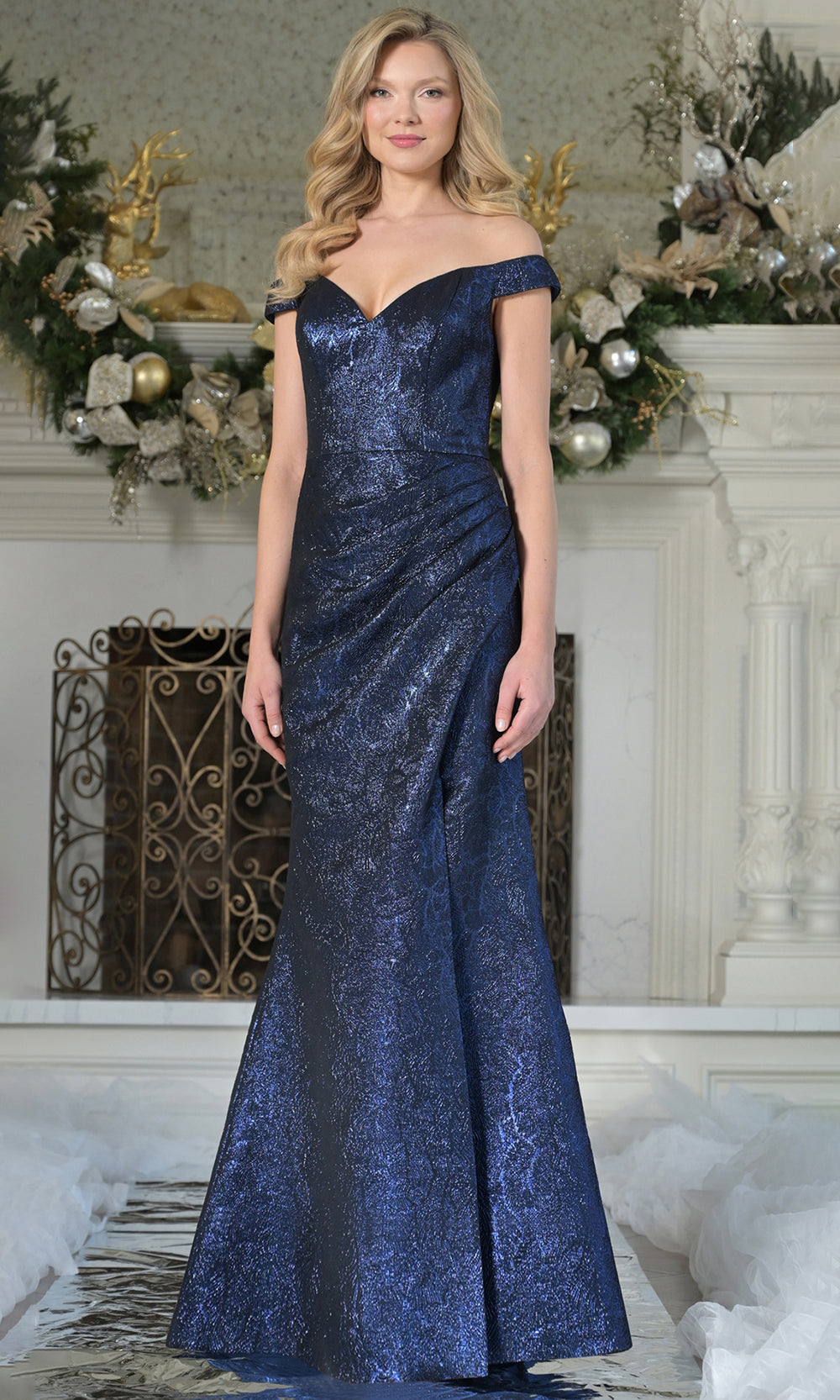 Rina di Montella RD3364-1 - Ruched Jacquard Sheath Evening Gown Formal Gowns