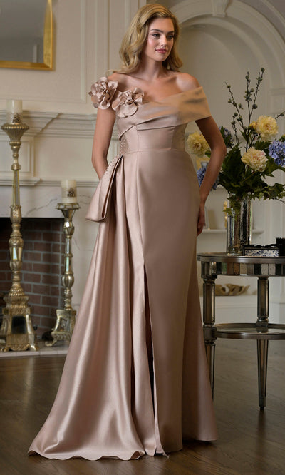 Rina di Montella RD3407-1 - Floral Accent Fitted Off Shoulder Dress Mother of the Bride Dresses